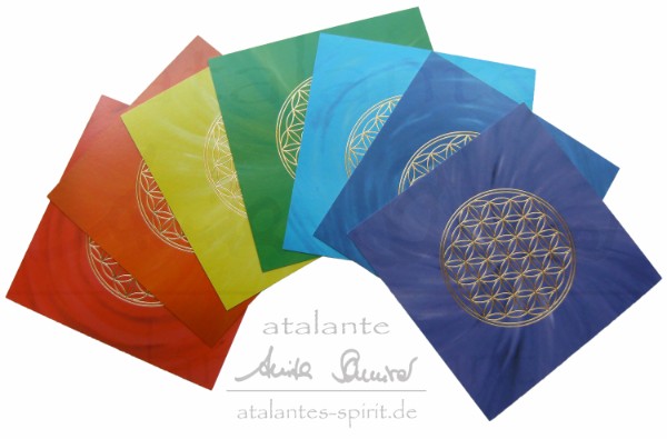 Blume des Lebens-Postkarte mit goldener Reliefprägung | Chakrenfarben - 7 Stück im SET - atalantes spirit®