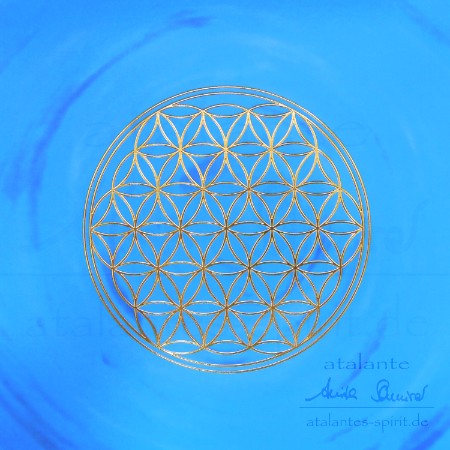 Blume des Lebens-Postkarte mit goldener Reliefprägung | Chakrenfarbe - hellblau | Kehlchakra - Halschakra - atalantes spirit®