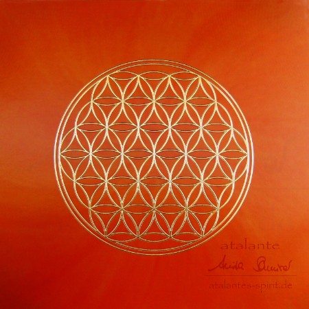 Blume des Lebens-Postkarte mit goldener Reliefprägung | Chakrenfarbe - orange | Sakralchakra - atalantes spirit®
